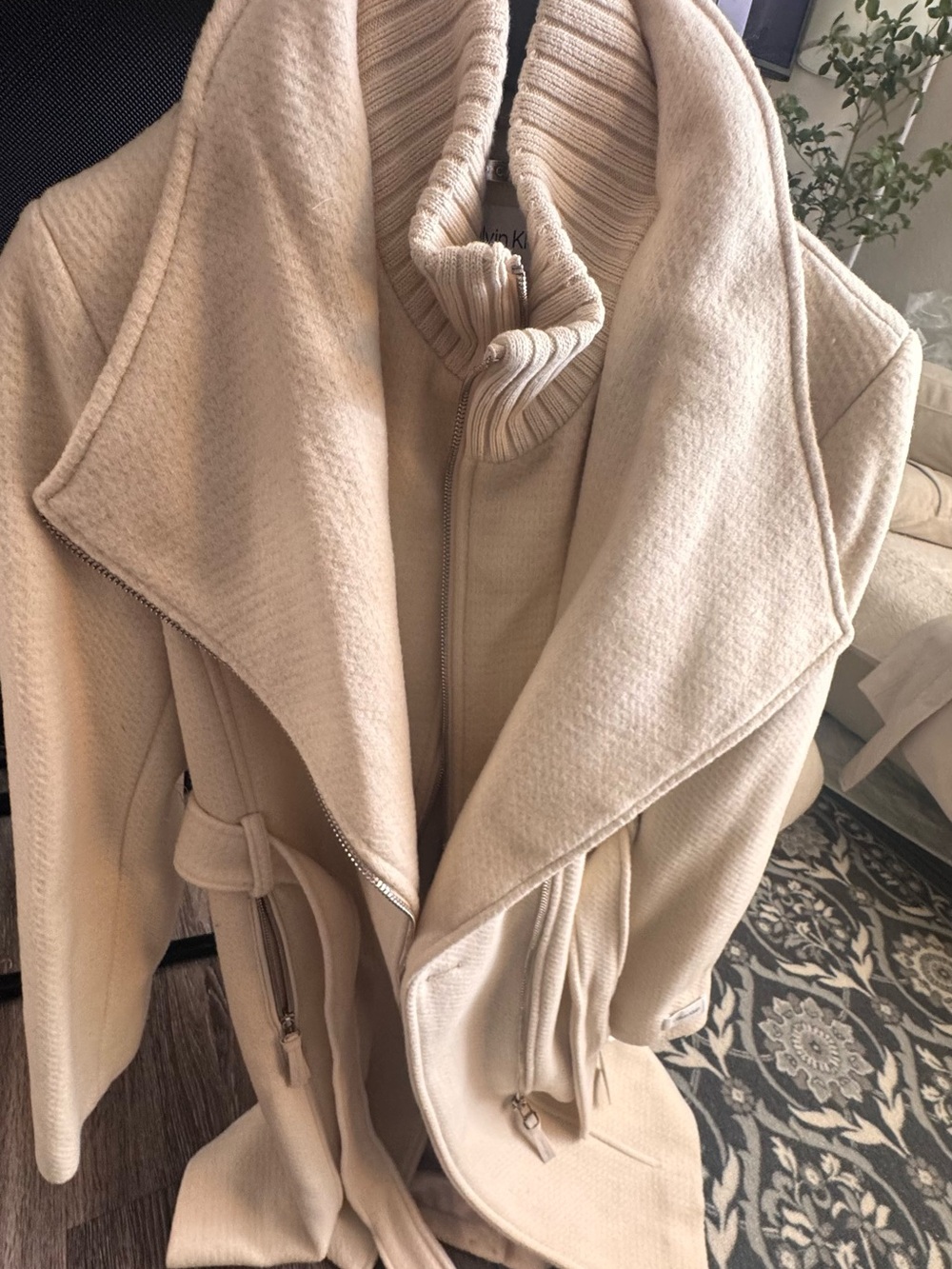 Calvin Klein Zip-Up Wool Blend Coat with Silver Hardware double with vest